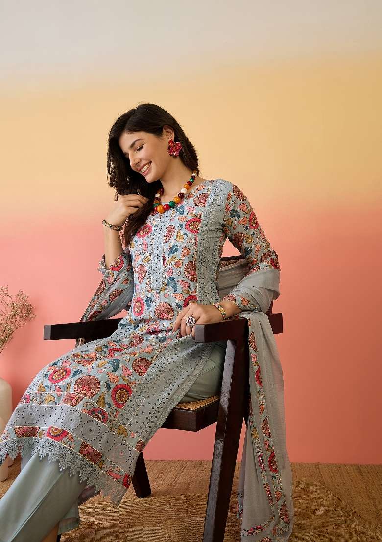 Sky Blue Embroidered Cotton Kurta Set - Indya