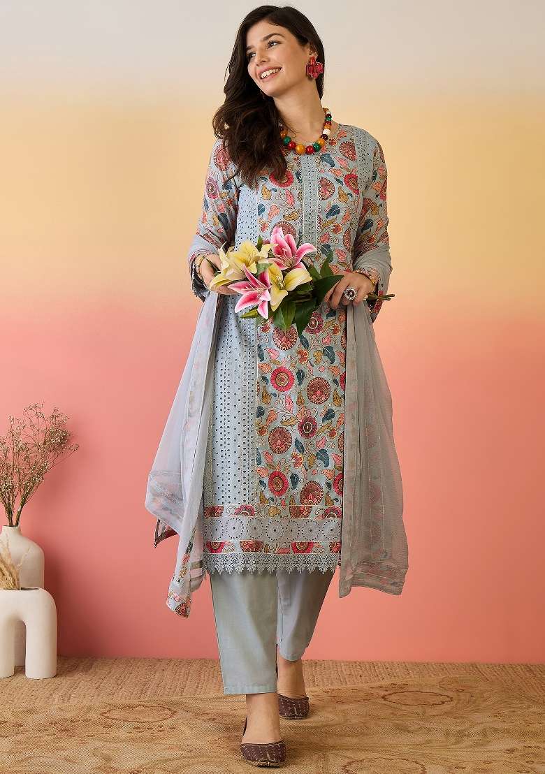 Sky Blue Embroidered Cotton Kurta Set - Indya