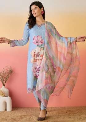 Sky Blue Embroidered Silk Blend Kurta Set