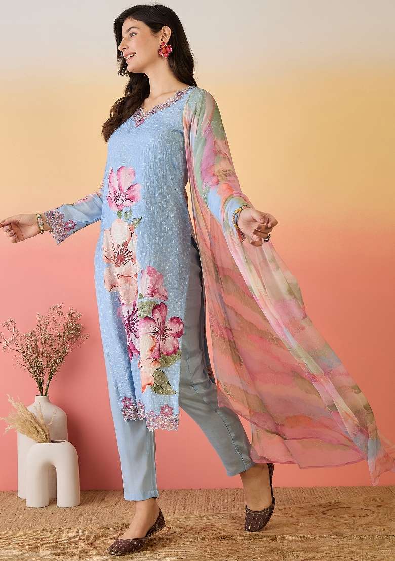 Sky Blue Embroidered Silk Blend Kurta Set - Indya