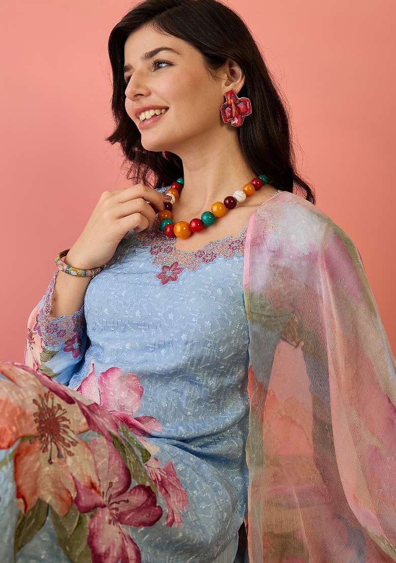 Sky Blue Embroidered Silk Blend Kurta Set - Indya