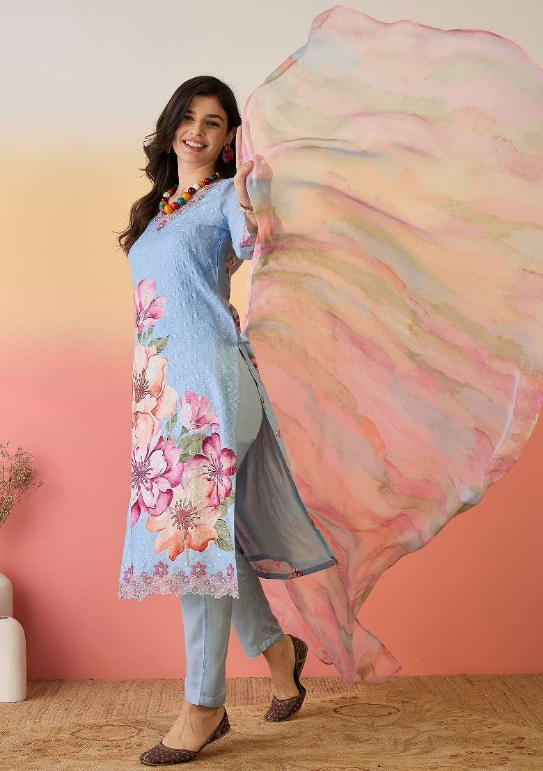 Sky Blue Embroidered Silk Blend Kurta Set - Indya