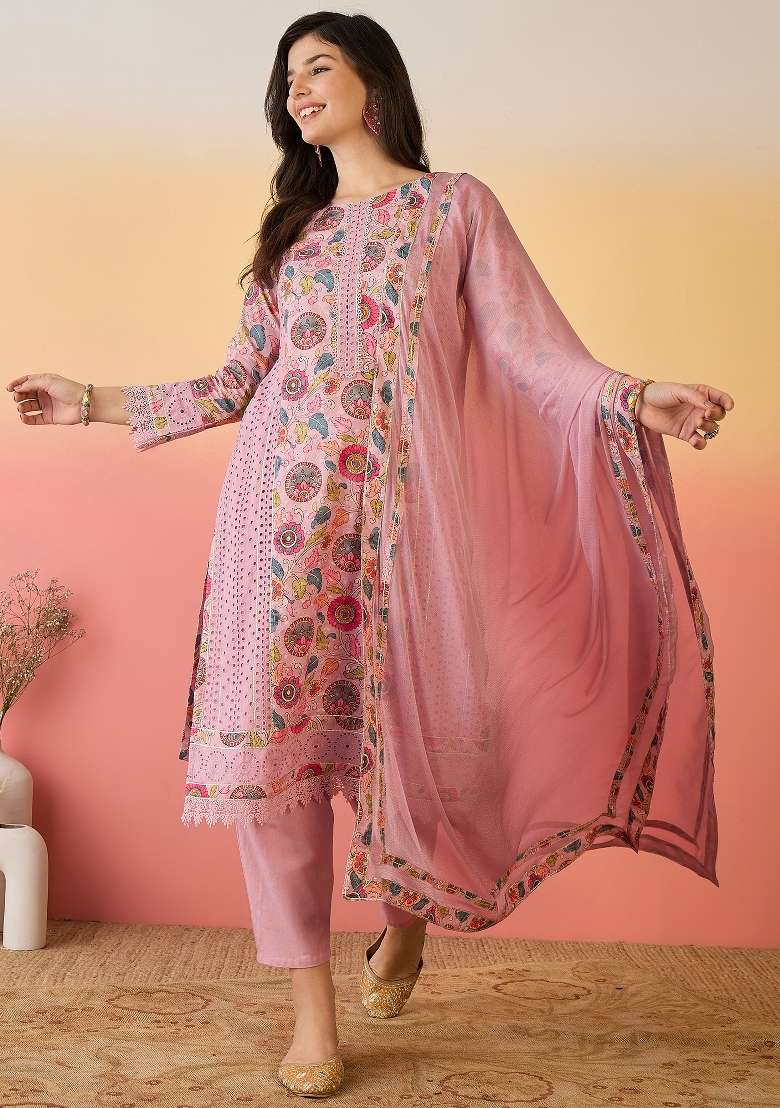 Pink Embroidered Cotton Kurta Set - Indya