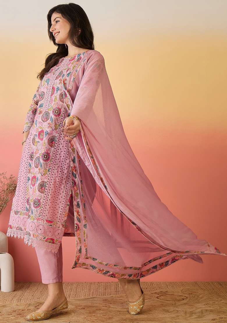 Pink Embroidered Cotton Kurta Set - Indya