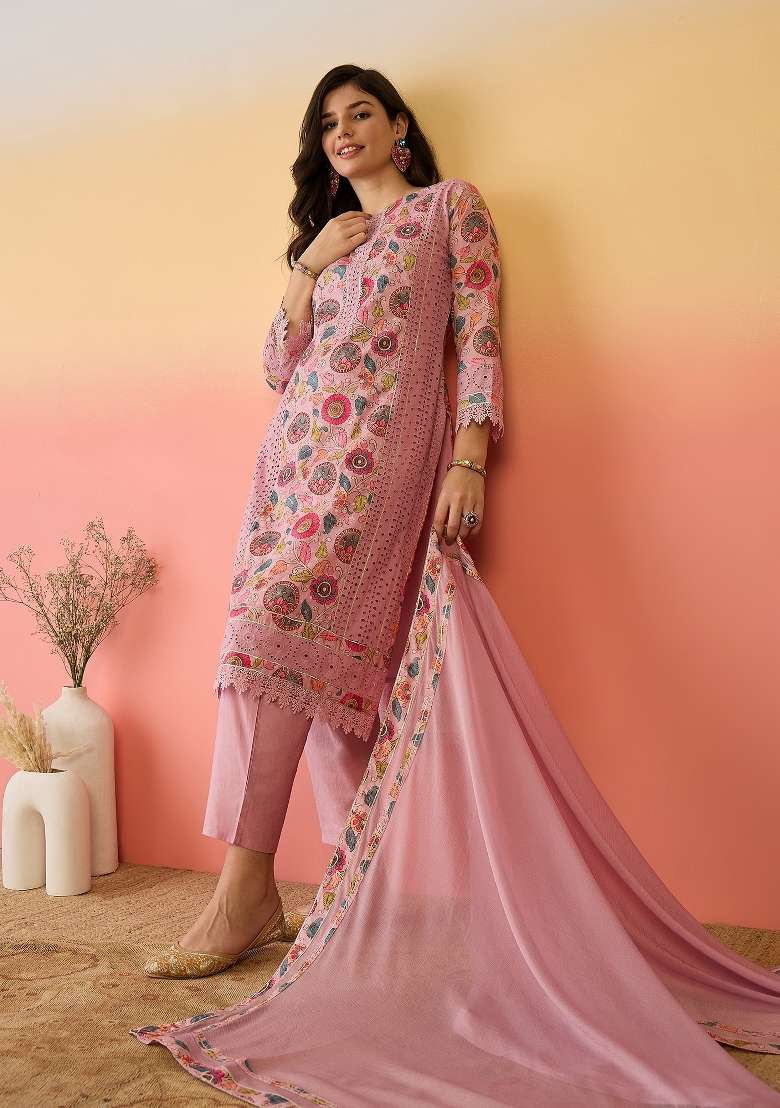 Pink Embroidered Cotton Kurta Set - Indya