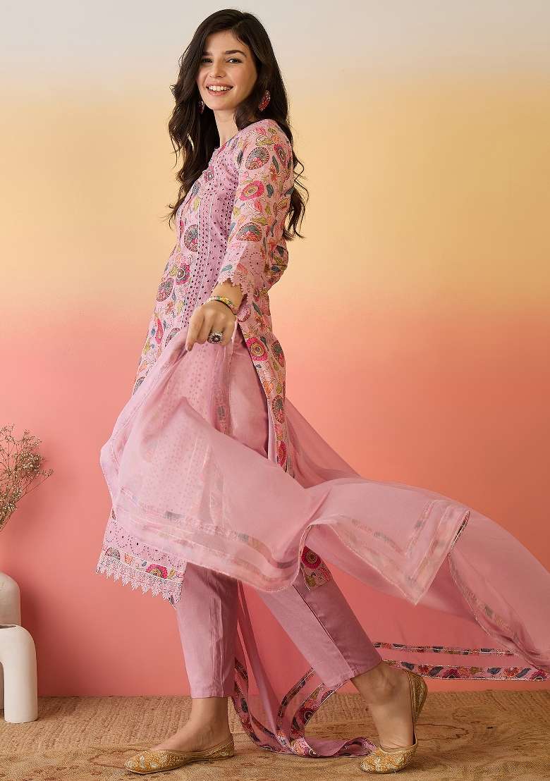 Pink Embroidered Cotton Kurta Set - Indya