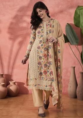 Beige Embroidered Cotton Kurta Set