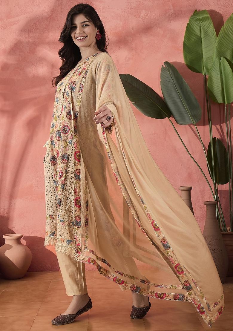 Beige Embroidered Cotton Kurta Set - Indya
