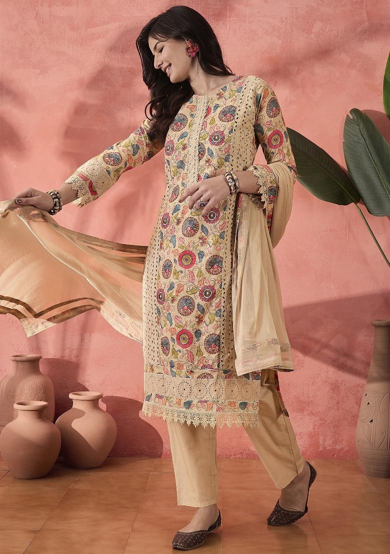 Beige Embroidered Cotton Kurta Set - Indya