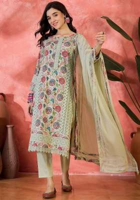 Green Embroidered Cotton Kurta Set