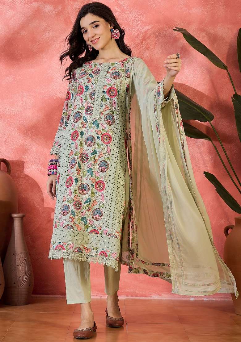 Green Embroidered Cotton Kurta Set - Indya