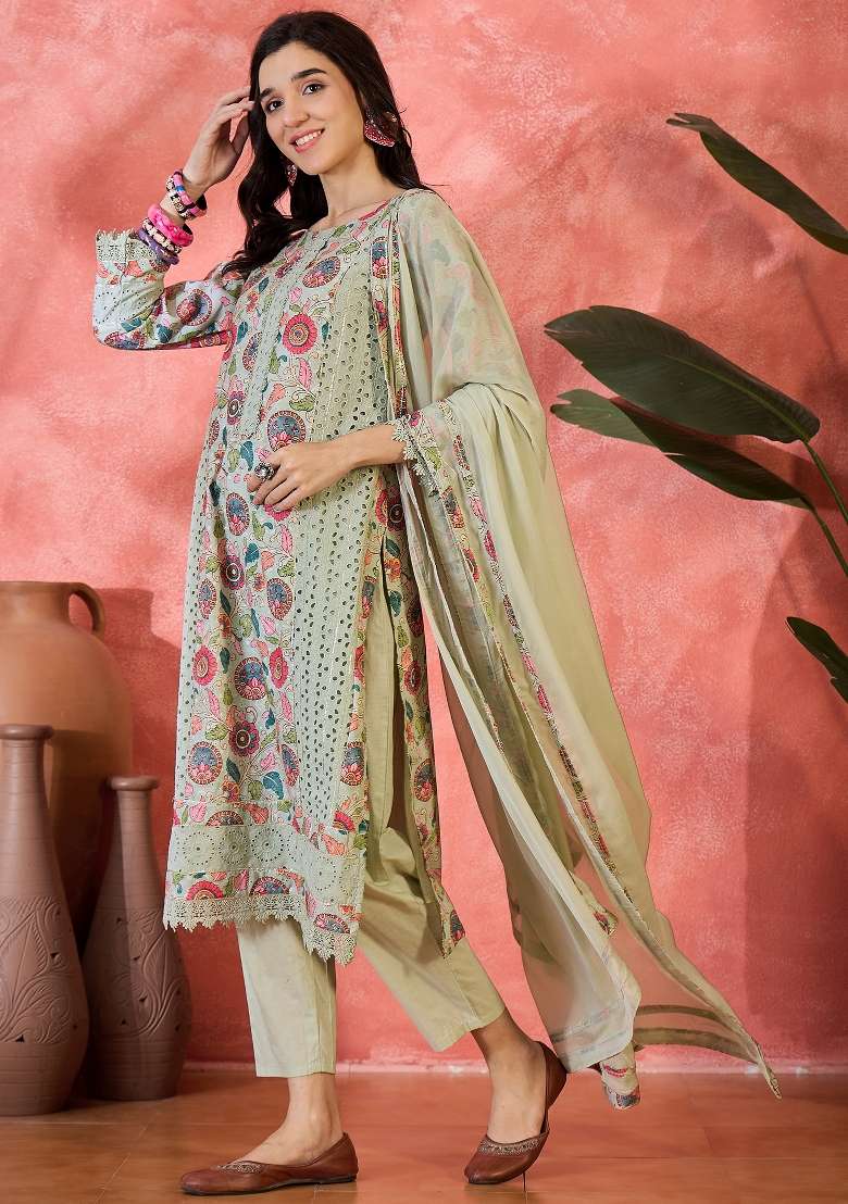 Green Embroidered Cotton Kurta Set - Indya