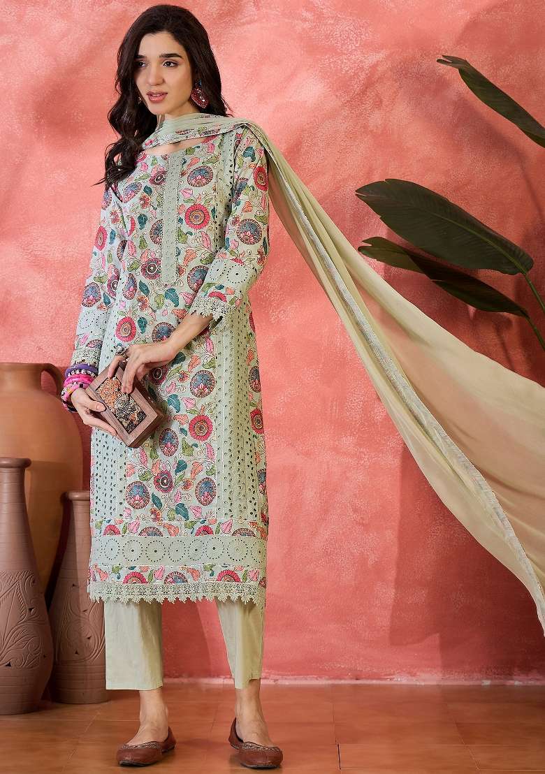 Green Embroidered Cotton Kurta Set - Indya