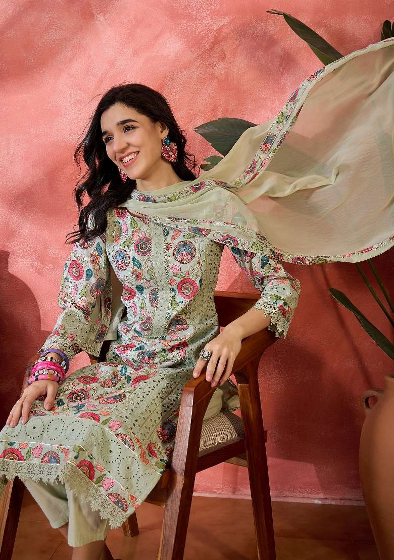 Green Embroidered Cotton Kurta Set - Indya