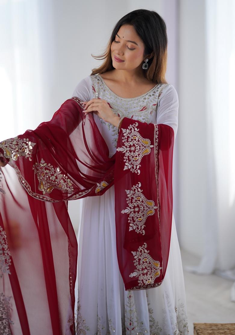 White Embroidered Georgette Kurta Set - Indya