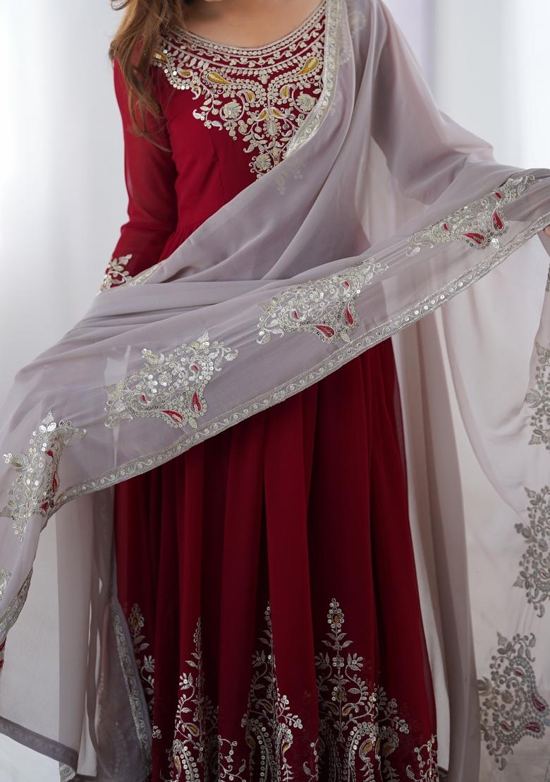 Red Embroidered Georgette Kurta Set - Indya