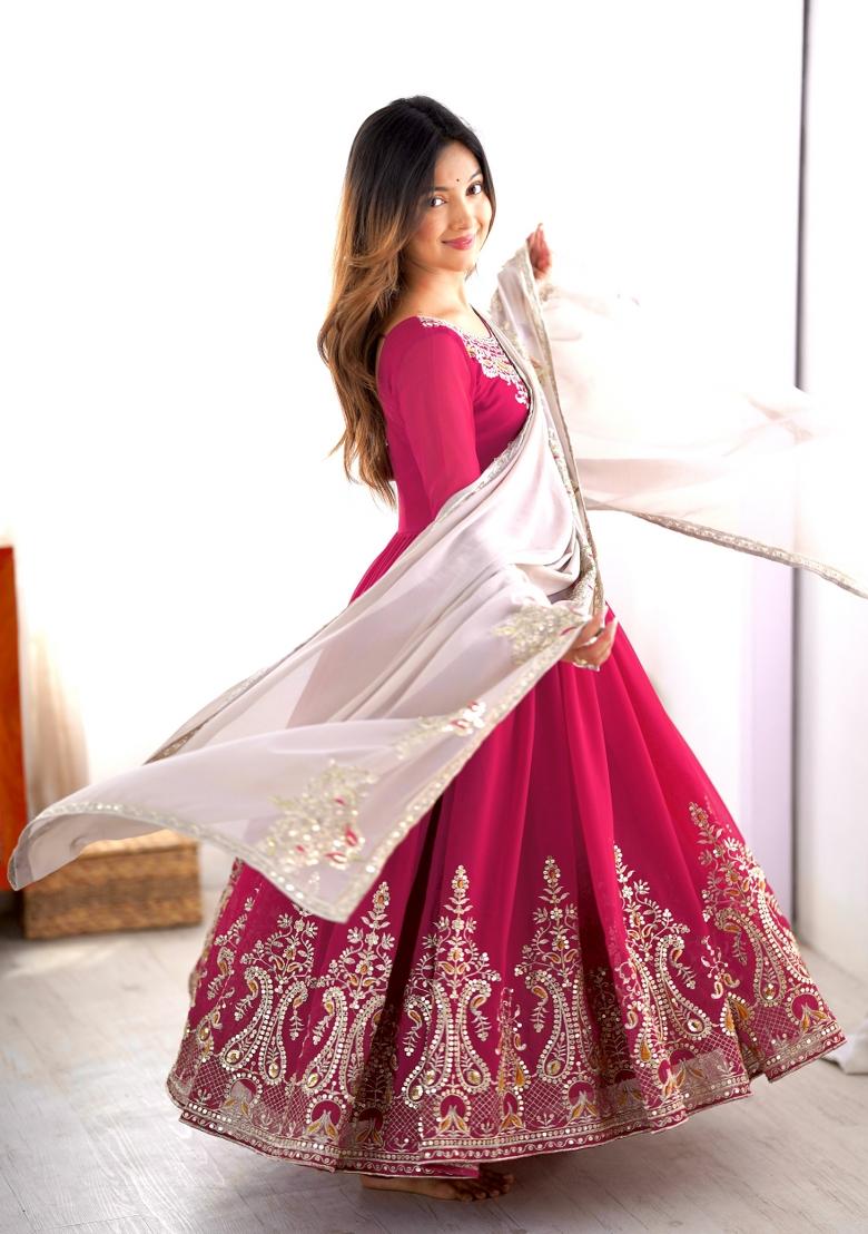 Pink Embroidered Georgette Kurta Set - Indya