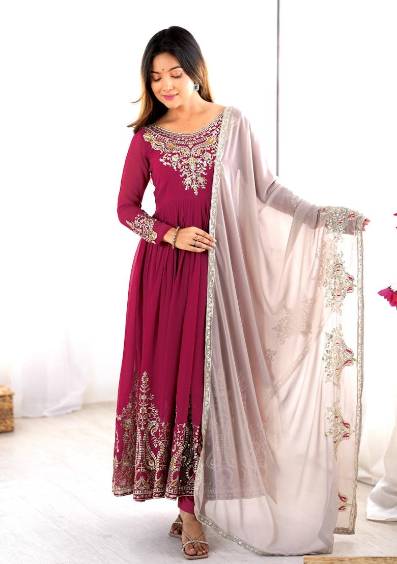 Pink Embroidered Georgette Kurta Set - Indya