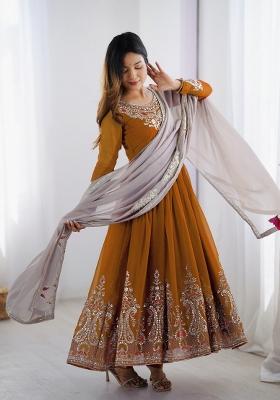 Mustard Embroidered Georgette Kurta Set