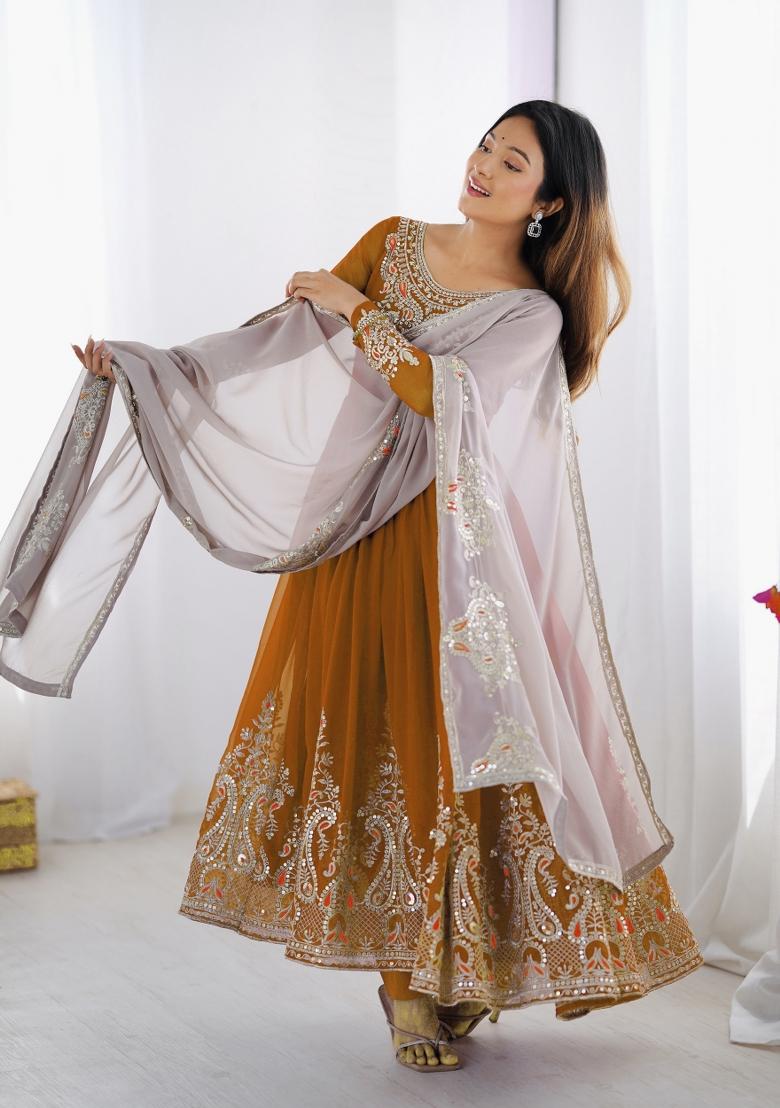 Mustard Embroidered Georgette Kurta Set - Indya