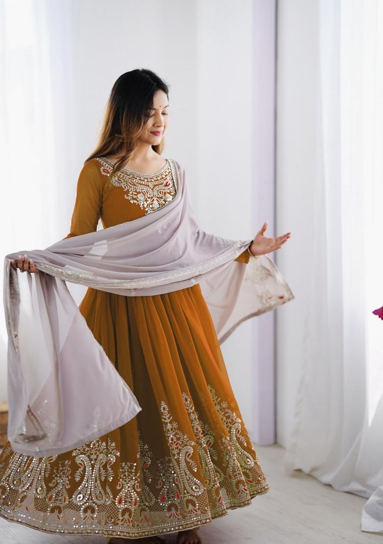 Mustard Embroidered Georgette Kurta Set - Indya
