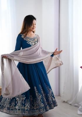 Teal Embroidered Georgette Kurta Set