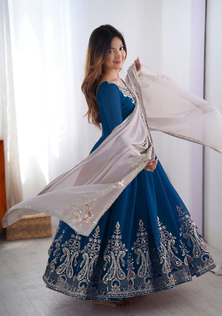 Teal Embroidered Georgette Kurta Set - Indya