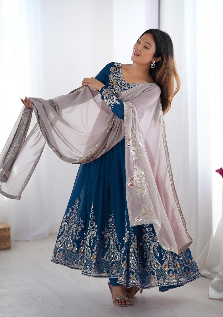 Teal Embroidered Georgette Kurta Set - Indya