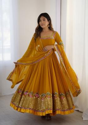 Mustard Embroidered Georgette Kurta Set