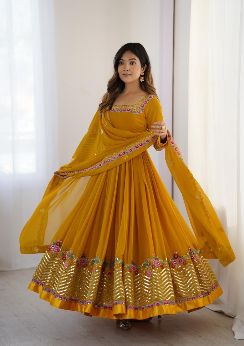 Mustard Embroidered Georgette Kurta Set - Indya