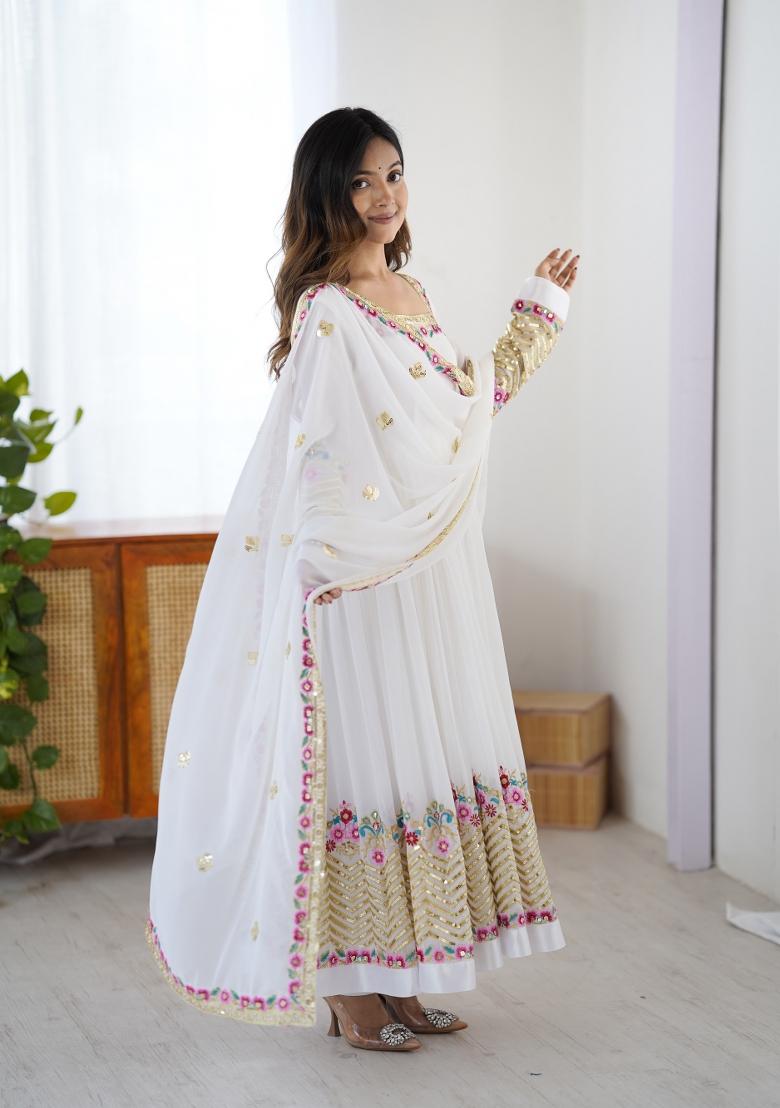 White Embroidered Georgette Kurta Set - Indya