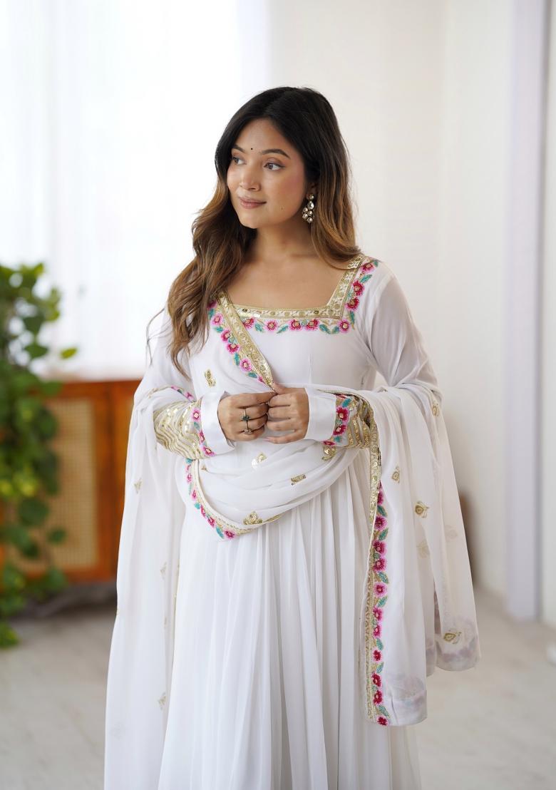 White Embroidered Georgette Kurta Set - Indya