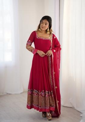 Red Embroidered Georgette Kurta Set