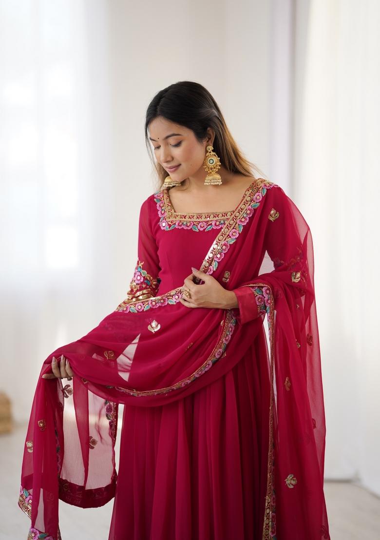 Red Embroidered Georgette Kurta Set - Indya