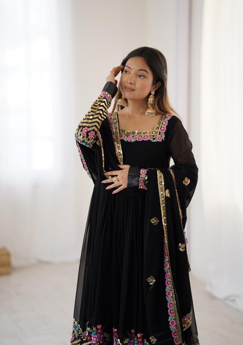 Black Embroidered Georgette Kurta Set - Indya