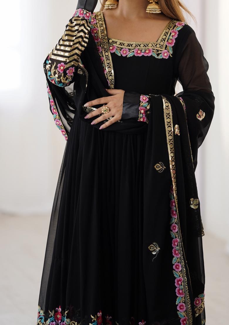 Black Embroidered Georgette Kurta Set - Indya