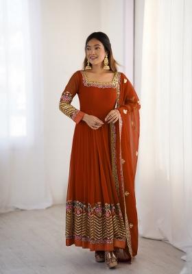Dark Orange Embroidered Georgette Kurta Set
