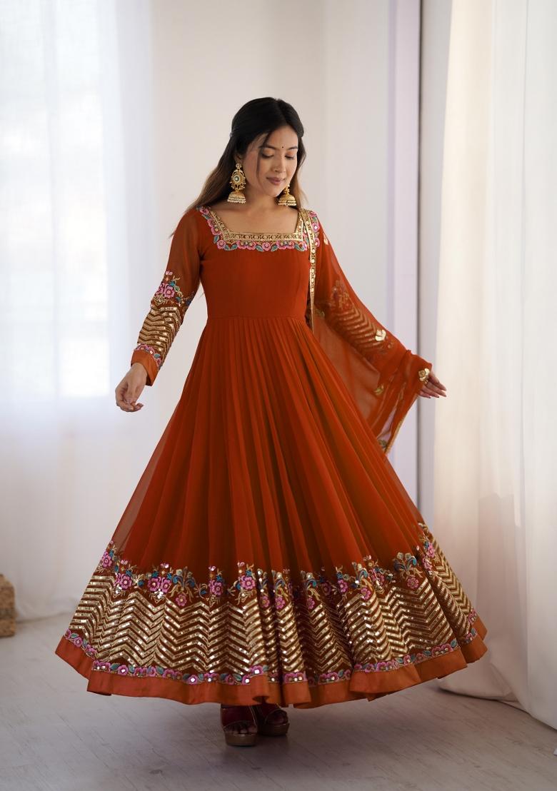 Dark Orange Embroidered Georgette Kurta Set - Indya