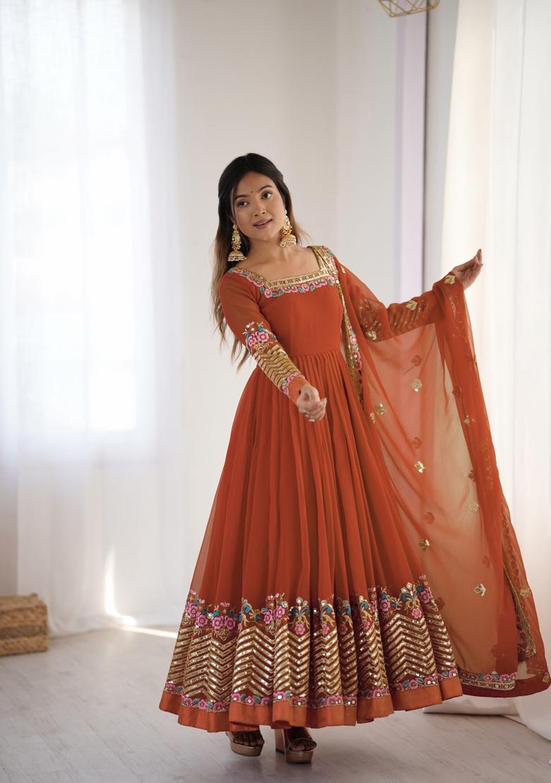 Dark Orange Embroidered Georgette Kurta Set - Indya
