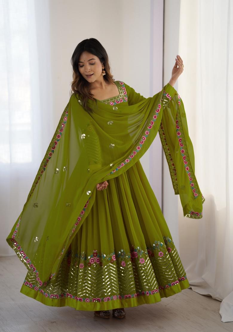 Green Embroidered Georgette Kurta Set - Indya