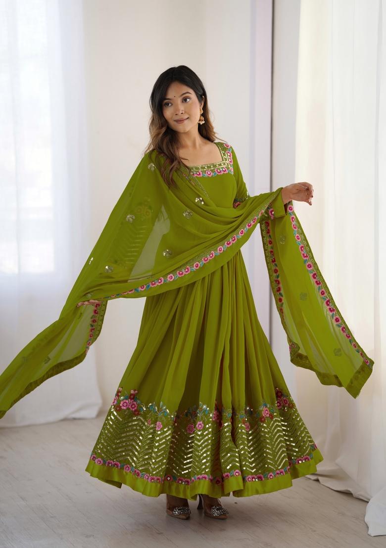 Green Embroidered Georgette Kurta Set - Indya