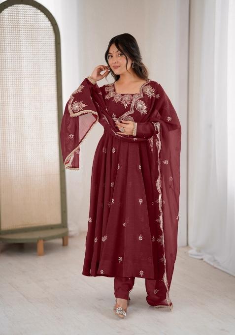 Maroon Embroidered Silk Kurta Set