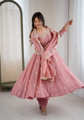Light Pink Embroidered Silk Blend Kurta Set