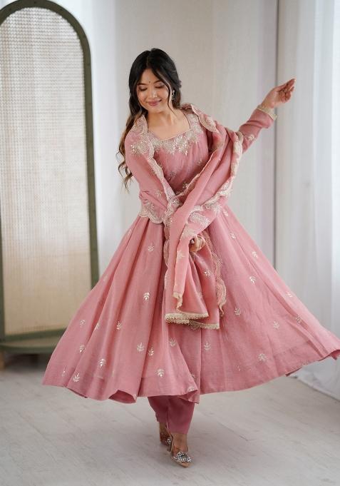Light Pink Embroidered Silk Kurta Set