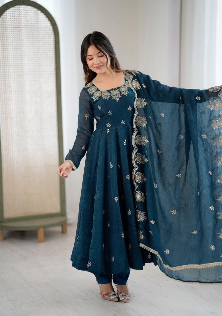 Blue Embroidered Silk Blend Kurta Set - Indya