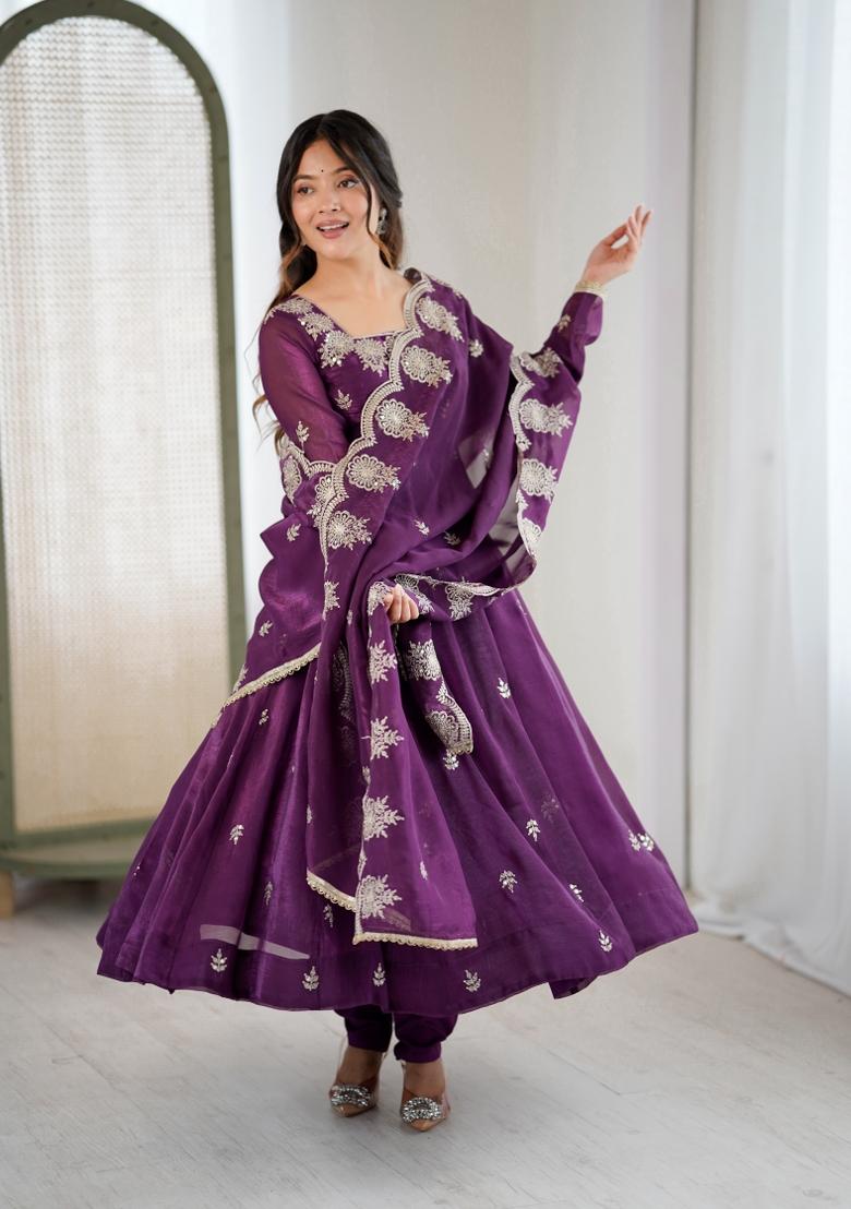 Purple Embroidered Silk Blend Kurta Set - Indya