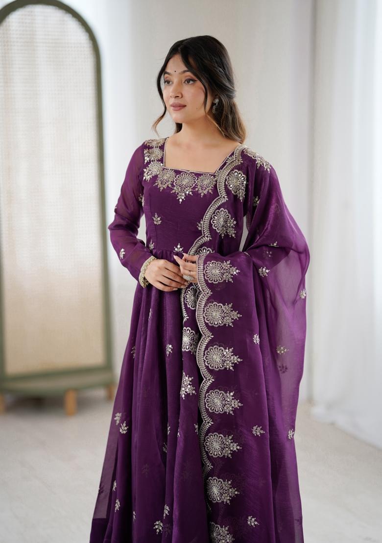 Purple Embroidered Silk Blend Kurta Set - Indya