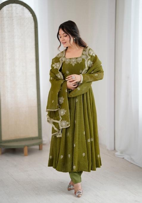 Green Embroidered Silk Kurta Set