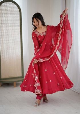 Dark Pink Embroidered Silk Blend Kurta Set