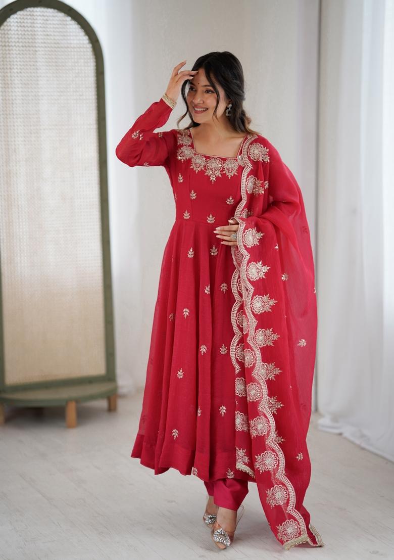 Dark Pink Embroidered Silk Blend Kurta Set - Indya